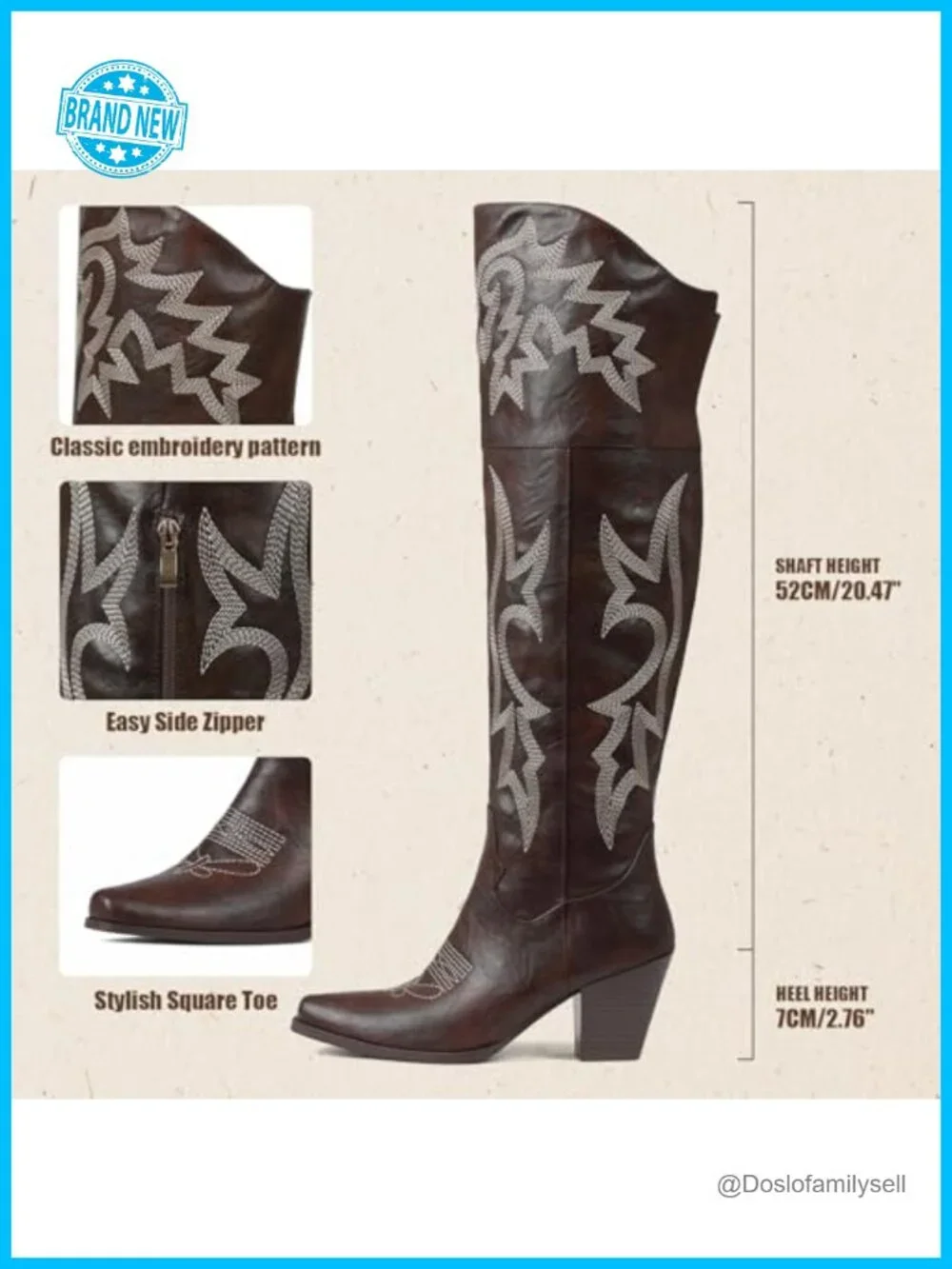 Over the Knee Boots Pointed Toe Chunky Heel Embroidered Western Boot PU